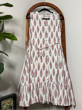 Janasya MEDIUM White Boho Print 100% Cotton Sleeveless Midi Shirt Dress